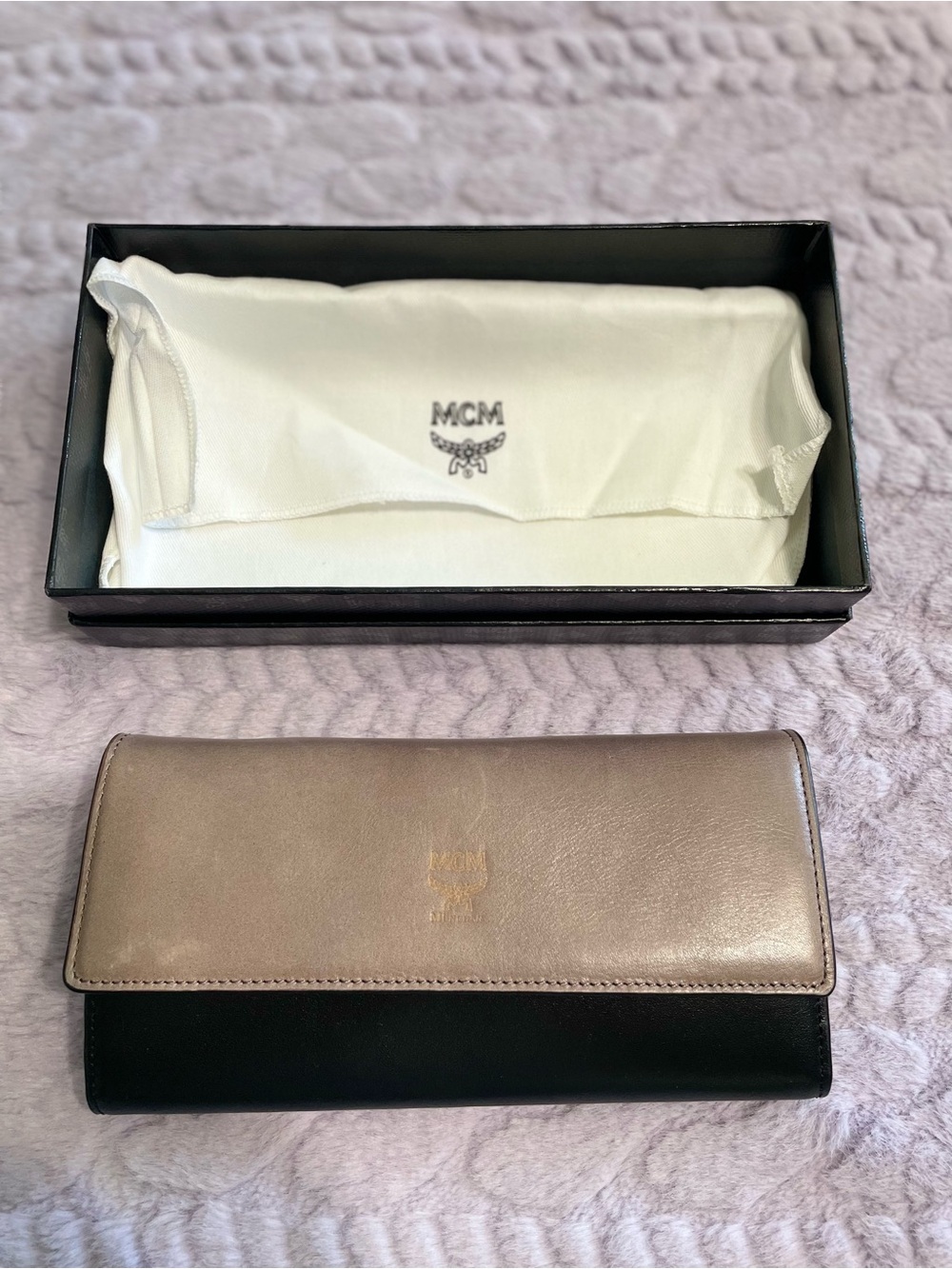 MCM Two-Tone Leather Continental Wallet in Taupe and Black